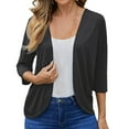 thumbnail image 1 of Women's Eyelet Cardigans 3/4 Length Sleeve Open Front Bolero Shrug Blouses Spring Fall Summer Kimono Cover Ups (XL, Black), 1 of 8