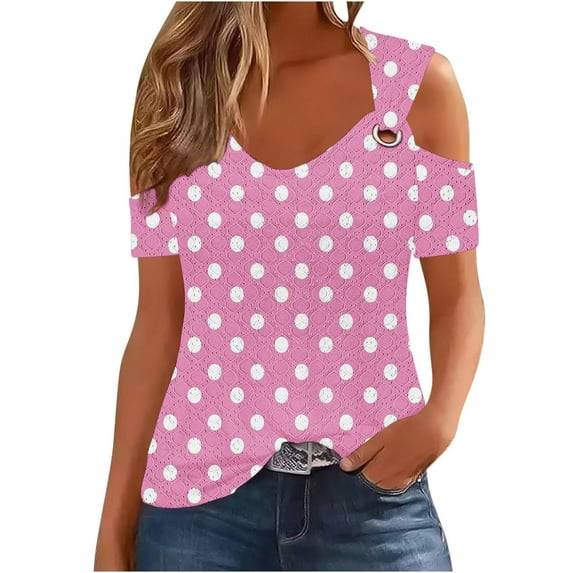 Women's Eyelet Cold Shoulder Tops Short Sleeve V Neck Polka Dots Print Elegant Casual Dressy Tees Blouses (L, Pink)