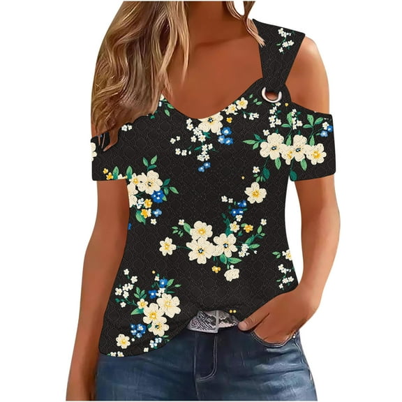 Women's Eyelet Cold Shoulder Tops Short Sleeve V Neck Polka Dots Print Elegant Casual Dressy Tees Blouses (XL, Black #A)