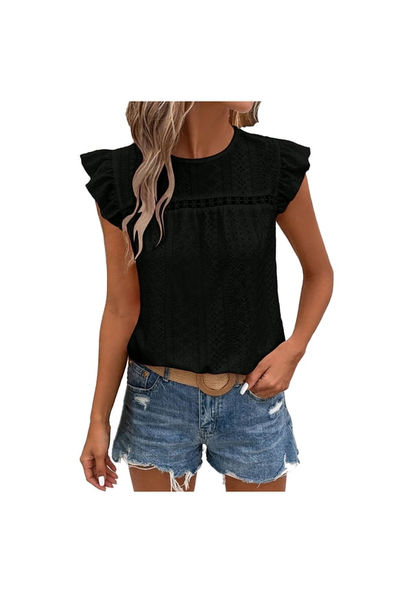 Women's Eyelet Embroidery Ruffle Cap Sleeve T-Shirt Crew Neck Vacation Elegant Tee Top