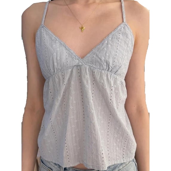 Women's Eyelet Embroidery Tank Top Deep V Neck Spaghetti Strap Cami Tops Summer Tops