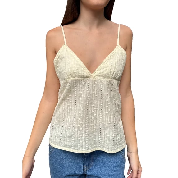 Women's Eyelet Embroidery Tank Top Deep V Neck Spaghetti Strap Cami Tops Summer Tops