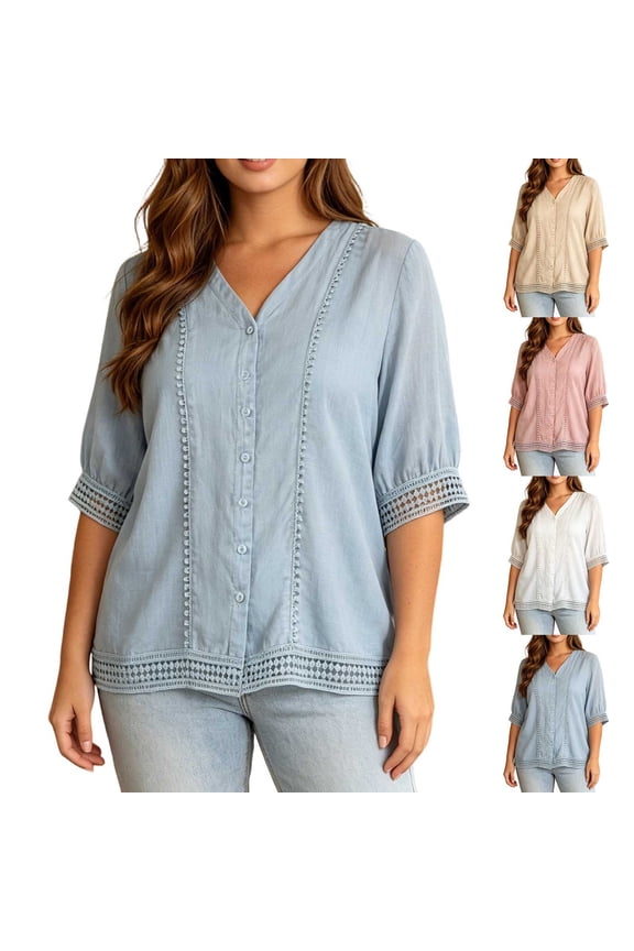 Women's Eyelet Lace Shirts Liweisiy V Neck Button Down Linen 3/4 Sleeve Blouse Solid Color Causal Trendy Vocation Tops Pink M