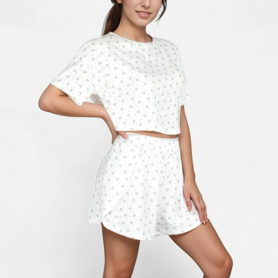 Women's Eyelet Pajama Set with Cropped Top Embroidered Heart Detail and Elastic Waist Lounge Shorts - Light Beige, Medium