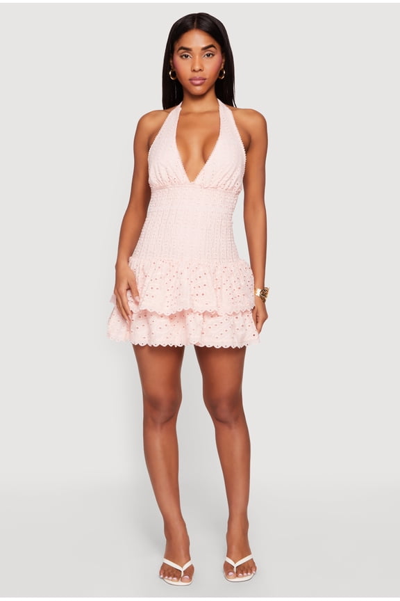 Women's Eyelet Plunge Halter Ruffle Tiered Mini Dress