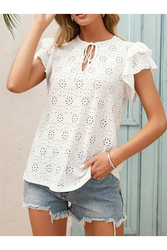Women's Eyelet Ruffle Sleeve Top with Keyhole Tie Front- Large, White