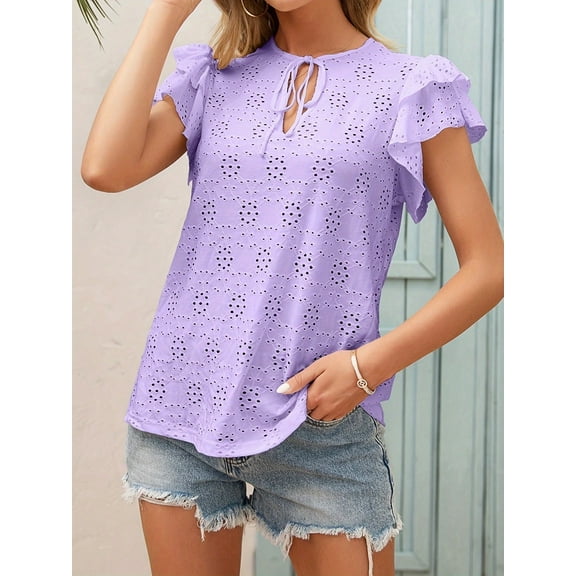 Women's Eyelet Ruffle Sleeve Top with Keyhole Tie Front- Medium, Lavender