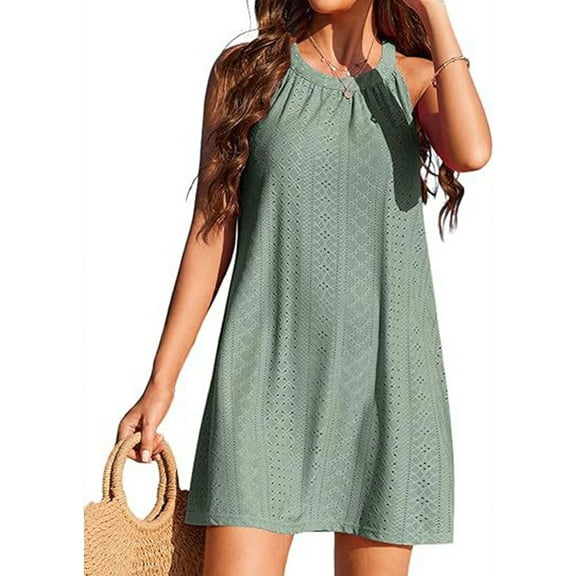 Women's Eyelet Swimsuit Cover Up Pleated Front Halter Dress Sleeveless Summer Beach Cover Up Shermie