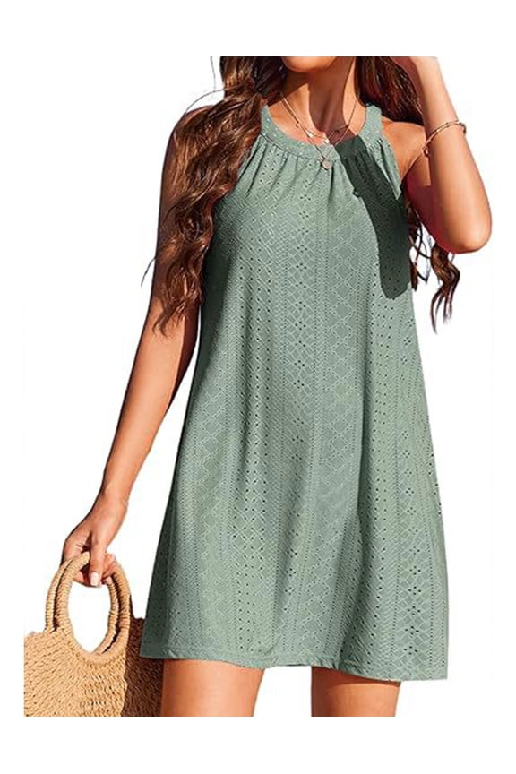 Women's Eyelet Swimsuit Cover Up Pleated Front Halter Dress Sleeveless Summer Beach Cover Up Shermie