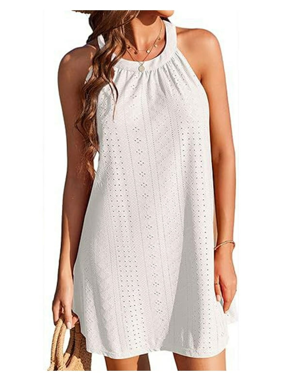 Women's Eyelet Swimsuit Cover Up Pleated Front Halter Dress Sleeveless Summer Beach Cover Up Shermie
