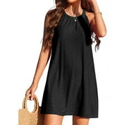 Women's Eyelet Swimsuit Cover Up Pleated Front Halter Dress Sleeveless Summer Beach Cover Up Shermie