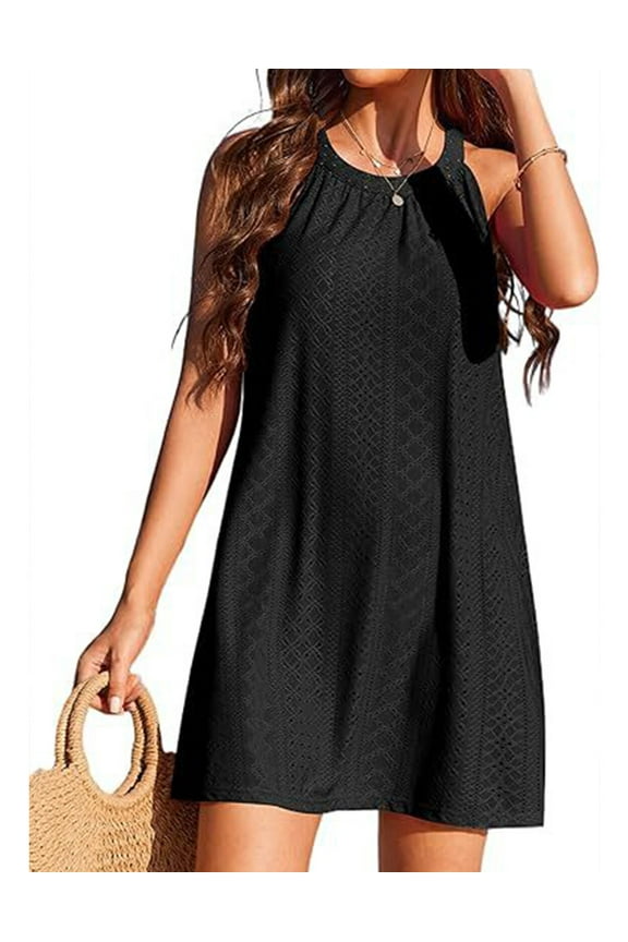 Women's Eyelet Swimsuit Cover Up Pleated Front Halter Dress Sleeveless Summer Beach Cover Up Shermie