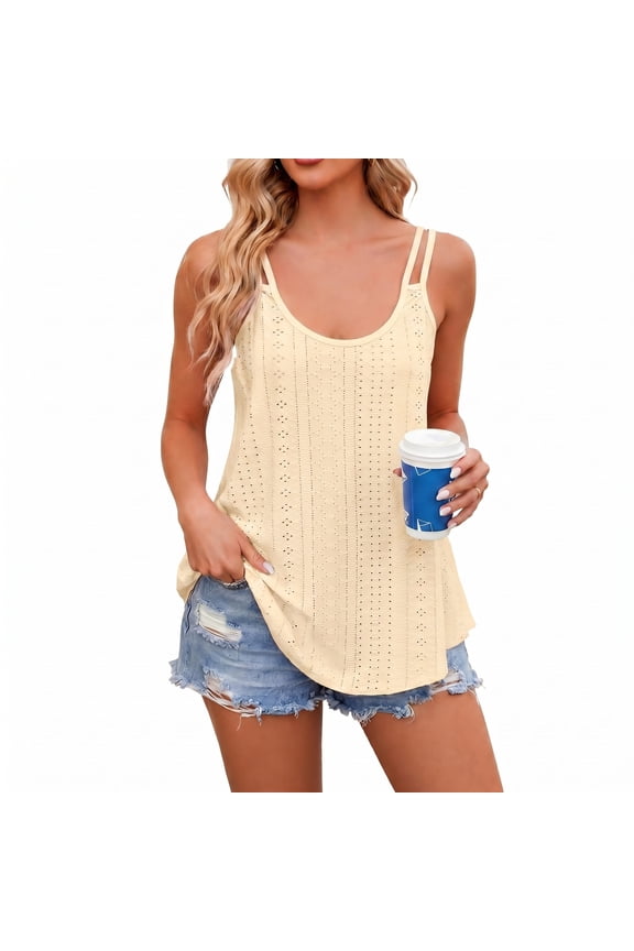 Women's Eyelet Tank Top Double Spaghetti Straps Scoop Neck Criss Cross Back Summer Casual Flowy Sleeveless Camisole