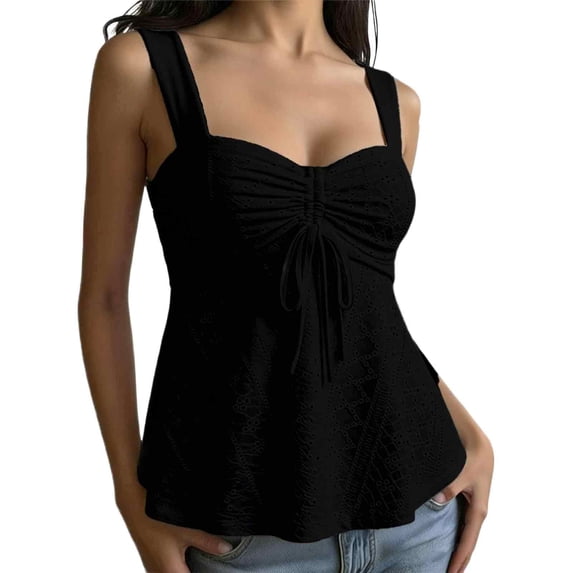 Women's Eyelet Tie Front Ruched Tank Tops,Drawstring Going Out Top Babydoll Tank Tops Summer Eyelet Tank Tops Black L