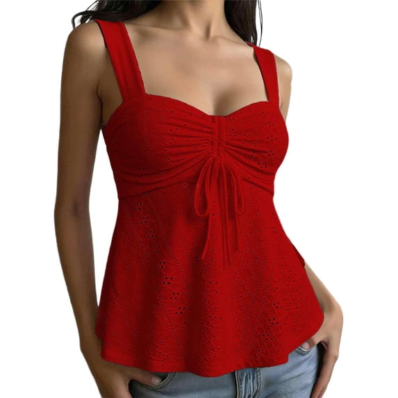 Women's Eyelet Tie Front Ruched Tank Tops,Drawstring Going Out Top Babydoll Tank Tops Summer Eyelet Tank Tops Red L