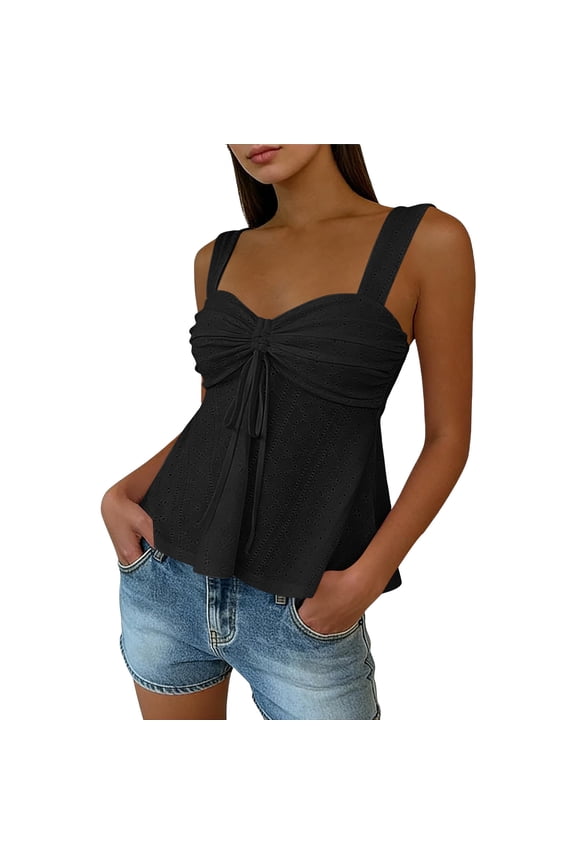 Women's Eyelet Tie Front Ruched Tank Tops Drawstring Going Out Tops S-XXL Black S(S)