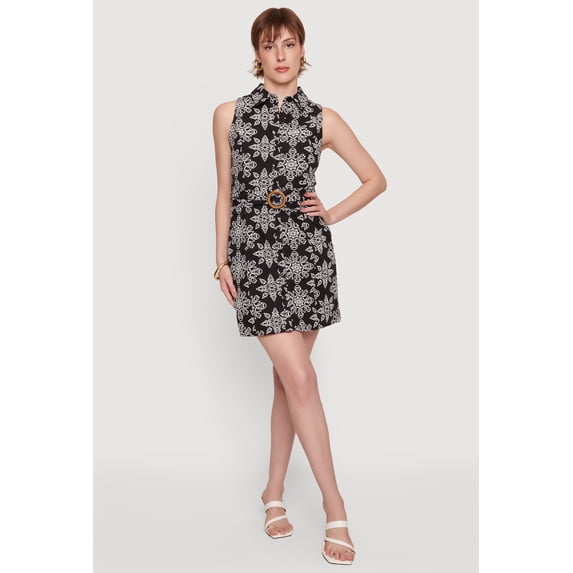 Women's Eyelet Tie Waist Belted Shirt Dress