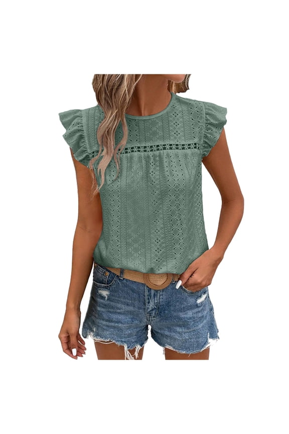 Women's Eyelet Tops Embroidery Ruffle Cap Sleeve T Shirt Casual Crew Neck Summer Vacation Elegant Tees Ruffle Neck Sleeveless Shirt Women