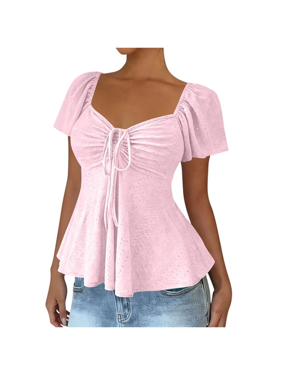 Women's Eyelet Tops Fitted Babydoll Tee Shirt Flutter Short Sleeve Tie-Front Sweetheart Neck Pleated Cute Blouse (2XL, Pink)