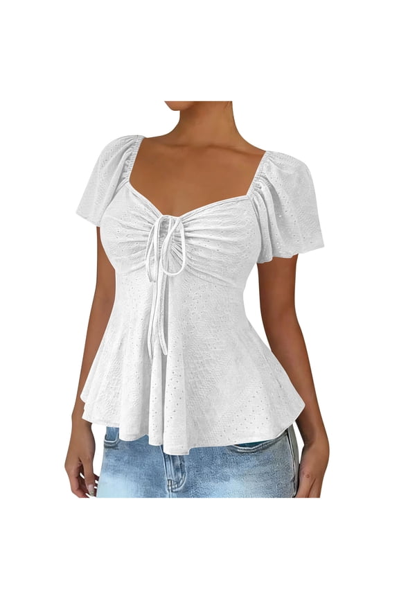 Women's Eyelet Tops Fitted Babydoll Tee Shirt Flutter Short Sleeve Tie-Front Sweetheart Neck Pleated Cute Blouse (2XL, White)