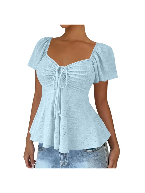 Women's Eyelet Tops Fitted Babydoll Tee Shirt Flutter Short Sleeve Tie-Front Sweetheart Neck Pleated Cute Blouse (S, Light Blue)
