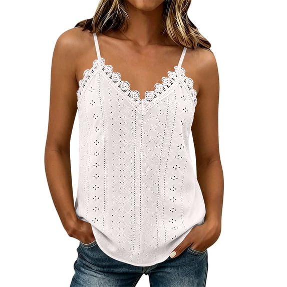 Women's Eyelets Camisole Lace Trim Loose V Neck Spaghetti Straps Tank Tops Sleeveless Summer Going Out Blouse Shirts