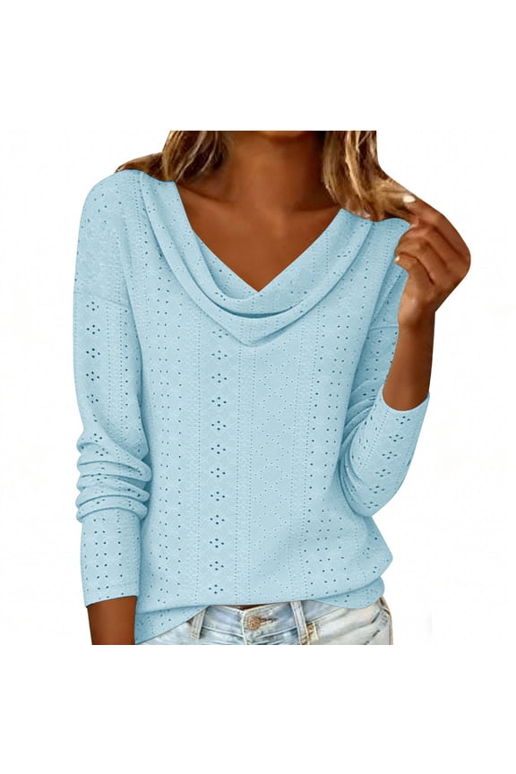 Women's Eyelets Cowl Neck Top Long Sleeve Casual Solid Blouse Versatile Office Casual Work Shirt,S,Light Blue