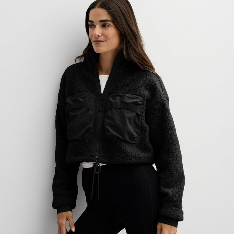 Black cropped sherpa jacket sales