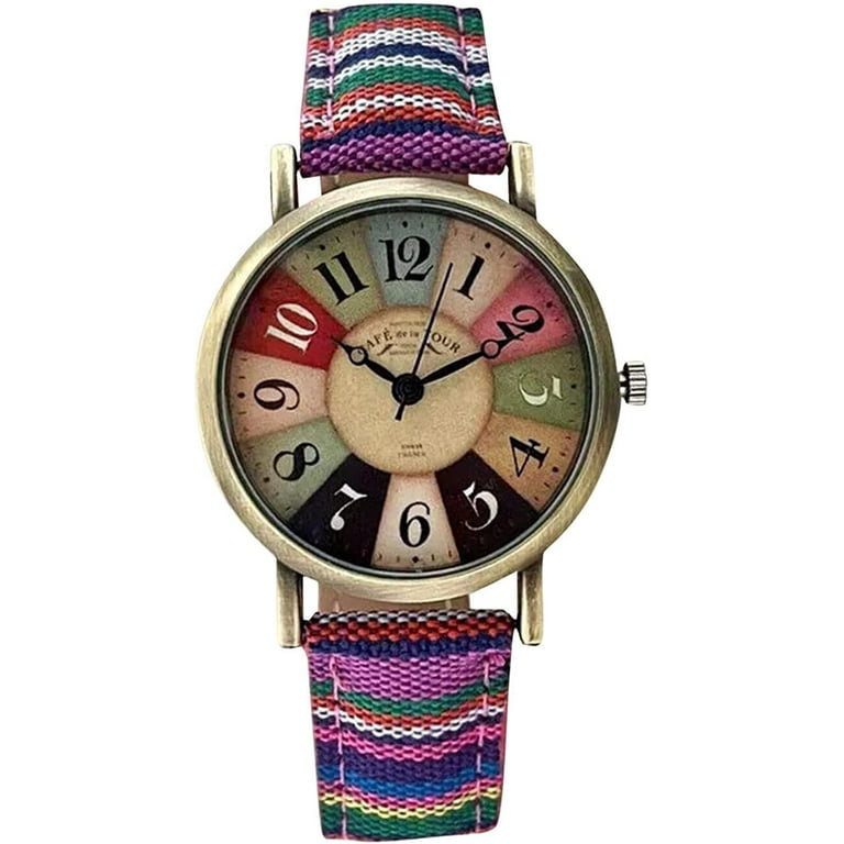 Women s Fabric Leather Vintage Metal Gold Tone Watch Watches for Women with Multicolour Rainbow Pattern Leather Best Valentine s Day Mother s Day Gift
