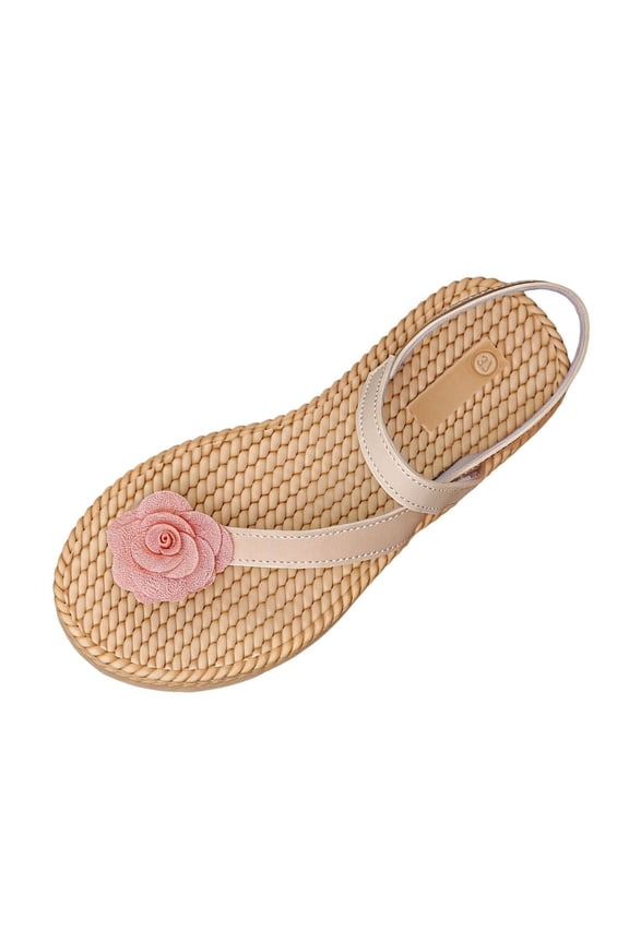 Women’s Fabric Rose Thong Adjustable Ankle Espadrille Flat Sandals, Open Toe Boho Beach Casual Footwear