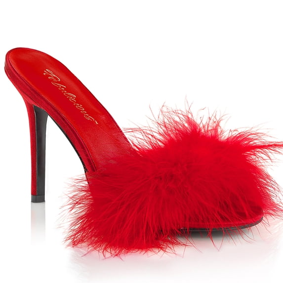 4" Heel Marabou Slipper - Red Pu-Fur, 6
