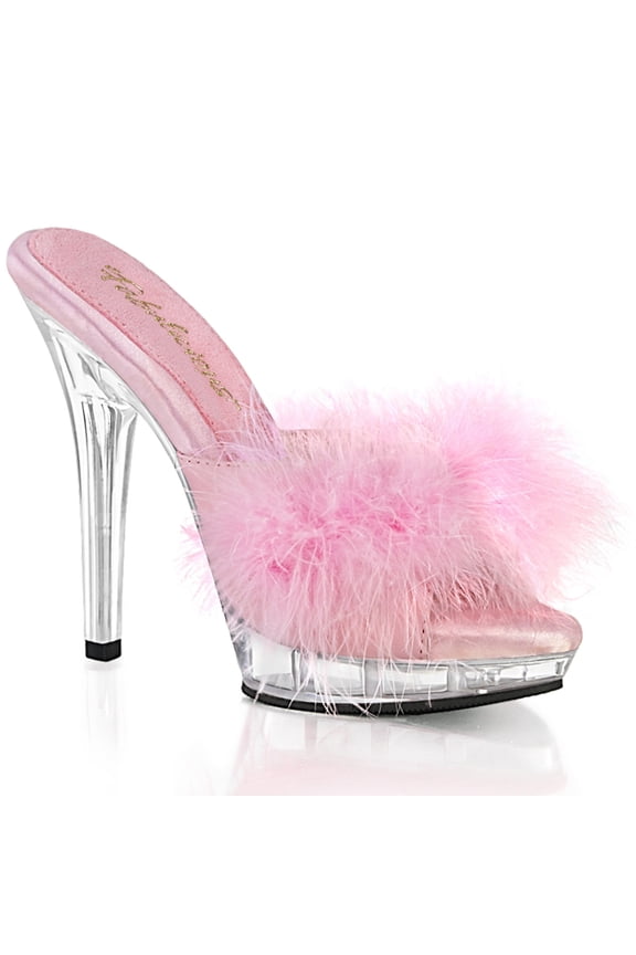 5"  Heel, 3/4"  PF Marabou Slide - B. Pink Satin-Fur/Clr, 12