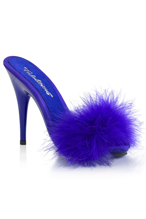 5" Heel, 3/8" PF Marabou Slide Sandal - Blue Satin-Marabou Fur/Blue, 8