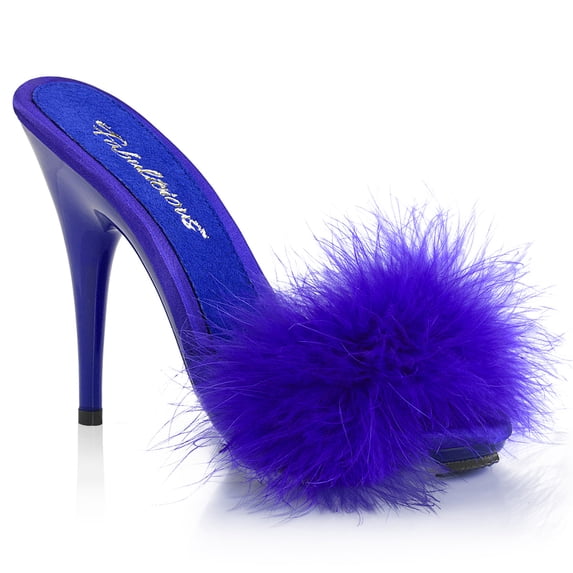 5" Heel, 3/8" PF Marabou Slide Sandal - Blue Satin-Marabou Fur/Blue, 11