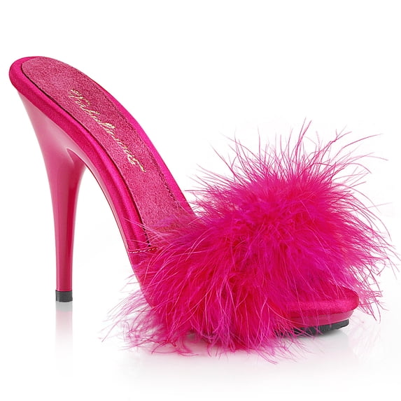 5" Heel, 3/8" PF Marabou Slide Sandal - H. Pink Satin-Marabou Fur/H. Pink, 9