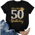 thumbnail image 1 of Women's Fabulous 50th Birthday T-Shirt Sparkly Diamond Gold Glitter Fifty Squad Party Top Casual Short Sleeve Tee Gift, 1 of 6