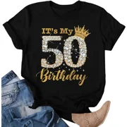 Womens Fabulous 50th Birthday T-Shirt Sparkly Diamond Gold Glitter Fifty Squad Party Top Casual Short Sleeve Tee Gift