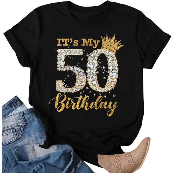 Women's Fabulous 50th Birthday T-Shirt Sparkly Diamond Gold Glitter Fifty Squad Party Top Casual Short Sleeve Tee Gift