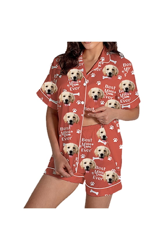 Women's Face Print Pajama Set, I Love Mum Graphic Print Short Sleeve Button Down Loungewear Shorts Set, Unique Mother's Day Gift