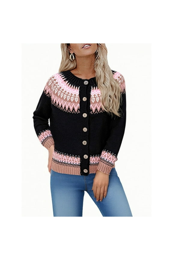 Women's Fair Isle Cardigans Casual Long Sleeve Chunky Knit Button Down Sweaters Festive Holiday & Winter Wear Pink S