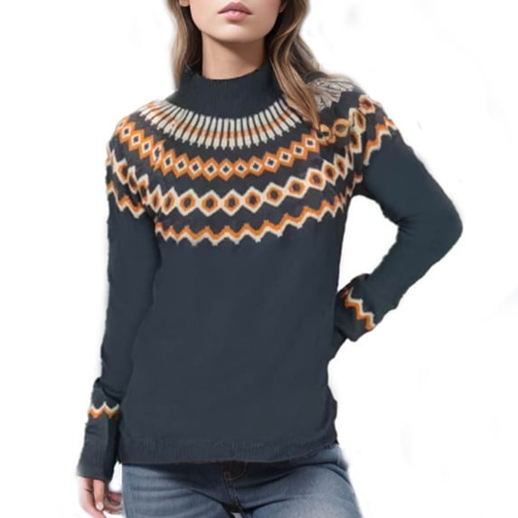 Women's Fair Isle Crewneck Sweater Vintage Boho Casual Sweaters Long Sleeve Knitted Fall Pullover Top Dark Gray, XXL