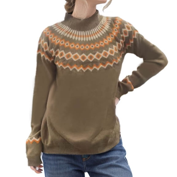 Women's Fair Isle Crewneck Sweater Vintage Boho Casual Sweaters Long Sleeve Knitted Fall Pullover Top Khaki, XL