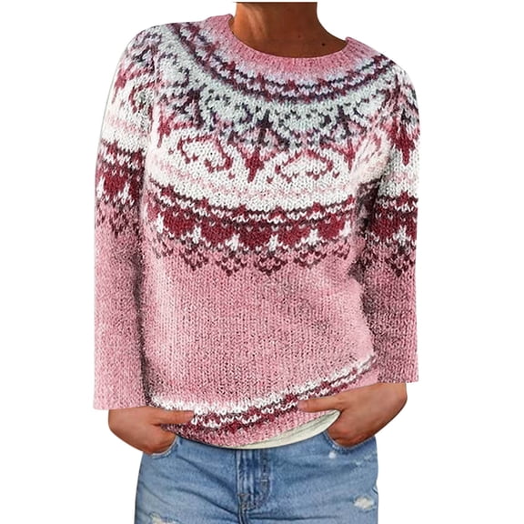 Women's Fair Isle Crewneck Sweater Vintage Boho Casual Sweaters Long Sleeve Knitted Fall Pullover Top Pink, XXL