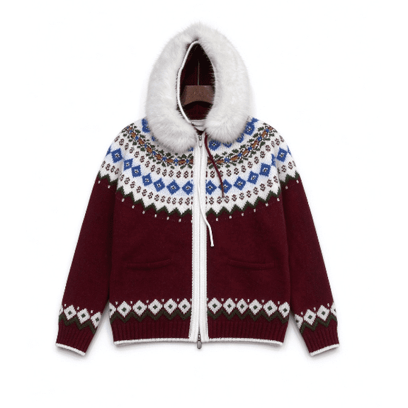 Women's Fair Isle Faux Fur Trim Hooded Knit Cardigan, Full Zip Sweater Jacket with Pockets, Casual Winter Holiday Outerwear