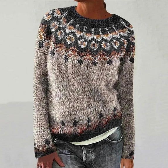 Women's Fair Isle Knitted Sweater Vintage Long Sleeve Boat Neck Retro Lightweight Pullover Top for Fall Winter, Limited Time Offer
