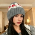 thumbnail image 1 of Women's Fair Isle Pom-Pom Knit Hat, Slouchy Winter Beanie with Ear Flaps, Warm Fairisle Patterned Hat, Cold Weather Slouch Cap, Slimming Face Wool Hat, Unisex Design - Dark Gray, 1 of 4
