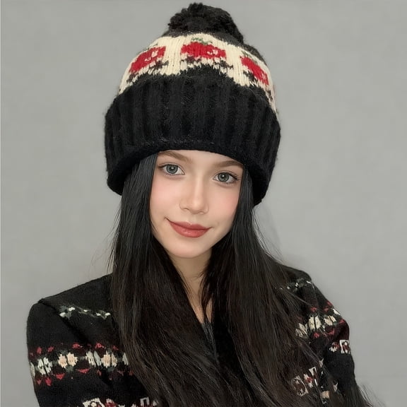 Women's Fair Isle Pom-Pom Knit Hat, Slouchy Winter Beanie with Ear Flaps, Warm Fairisle Patterned Hat, Cold Weather Slouch Cap, Slimming Face Wool Hat, Unisex Design - Black