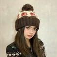 thumbnail image 1 of Women's Fair Isle Pom-Pom Knit Hat, Slouchy Winter Beanie with Ear Flaps, Warm Fairisle Patterned Hat, Cold Weather Slouch Cap, Slimming Face Wool Hat, Unisex Design - Brown, 1 of 4