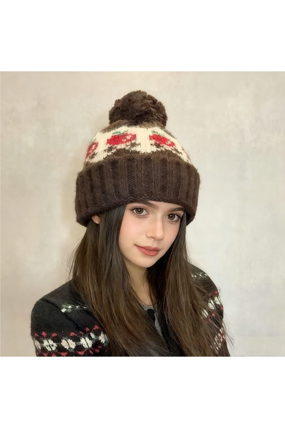 Women's Fair Isle Pom-Pom Knit Hat, Slouchy Winter Beanie with Ear Flaps, Warm Fairisle Patterned Hat, Cold Weather Slouch Cap, Slimming Face Wool Hat, Unisex Design - Brown