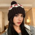 thumbnail image 1 of Women's Fair Isle Pom-Pom Knit Hat, Slouchy Winter Beanie with Ear Flaps, Warm Fairisle Patterned Hat, Cold Weather Slouch Cap, Slimming Face Wool Hat, Unisex Design - Coffee, 1 of 4